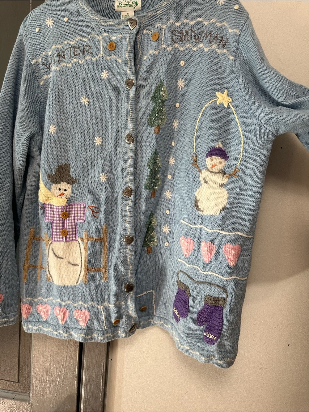 Vintage The Quacker Factory Winter Snowman Light Blue Women's Cardigan Sweater - Picture 2 of 6